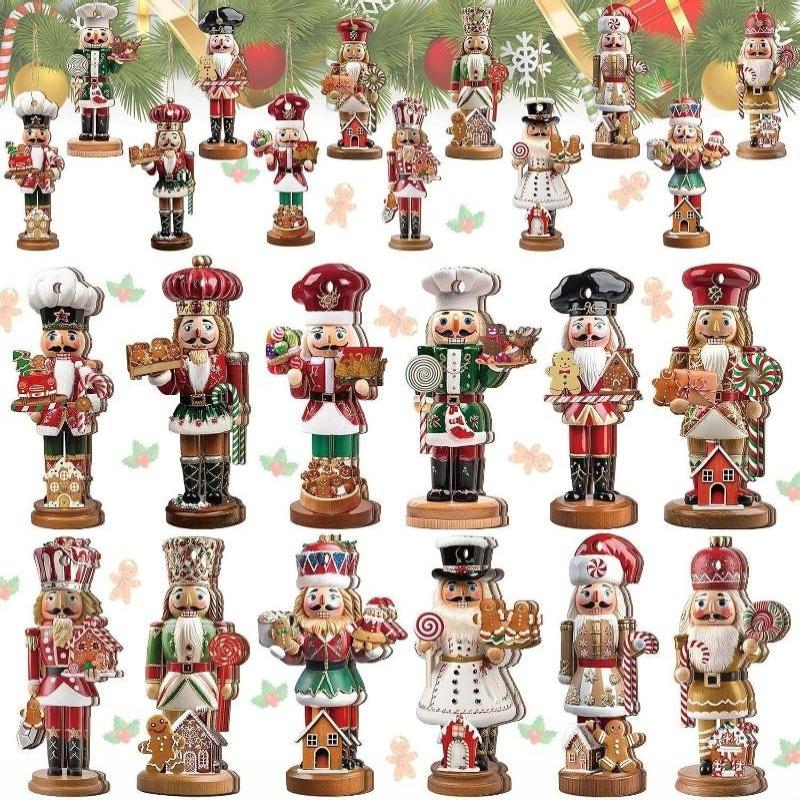 12/24/36Pcs Christmas Nutcracker Ornaments Flat Wooden Puppet Hanging Decor For Christmas Tree Window Stair Home Party Decor