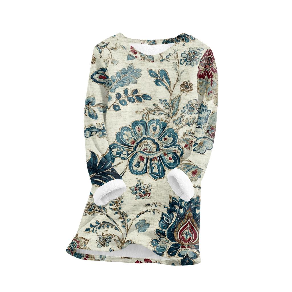 Haut pull-over chaud en peluche à manches longues et col rond imprimé tendance pour femmes