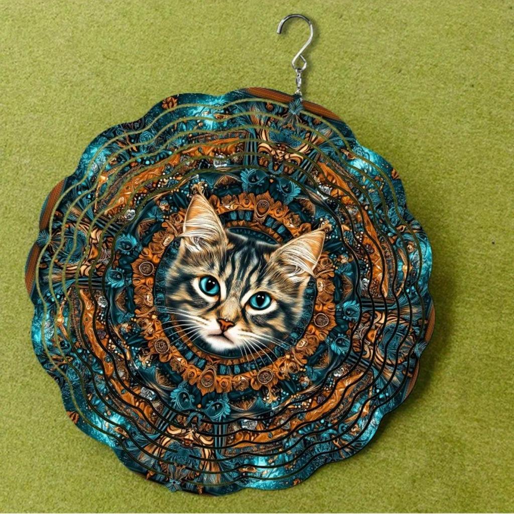 10 Inch Cat Wind Chime Outdoor Garden Decor with 360 Degree Hook Vibrant Blue Gold Design for All Seasons Home Yard Hanging