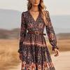 2026 Popular Autumn Long-sleeved V-neck Pendulum Printed Long-sleeved Dress