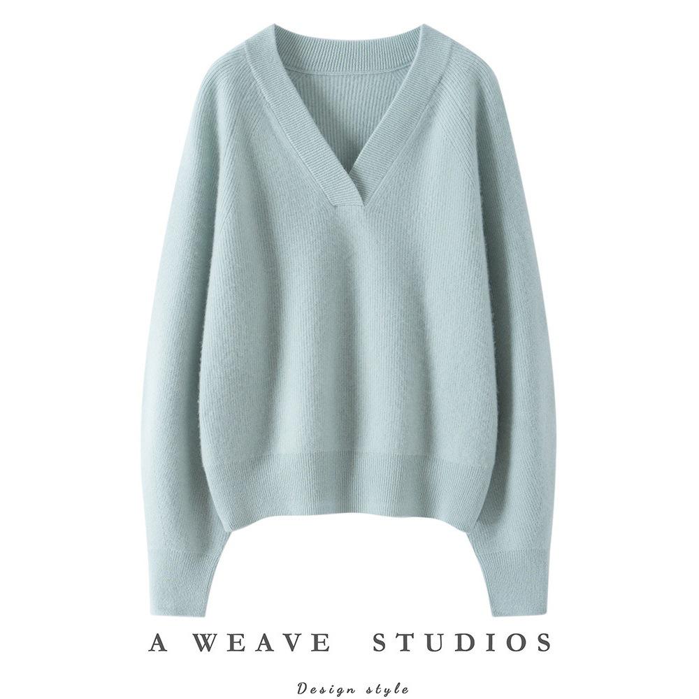 Women's V-Neck Cashmere Sweater - Loose Fit, Solid Color, Thick Knit for Autumn