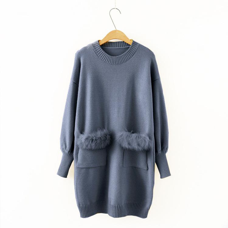 Dress loose autumn and winter long-sleeved women's sweater Korean version rabbit fur pocket knitted sweater women