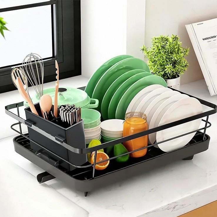 Cross-border Kitchen Countertop Dish Drying Rack with Partitioned Storage