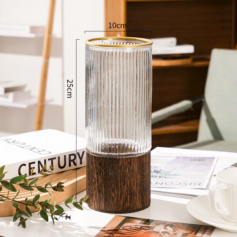 Creative Wooden Holder with Glass Vase for Dried Flowers, Hydroponic Setups, or Lucky Bamboo – Living Room Decor Ornament