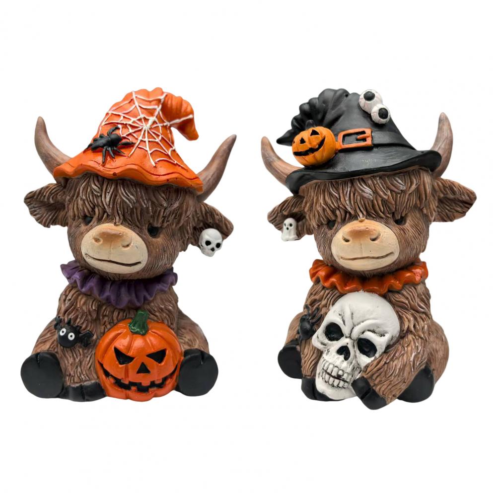 Highland Cow Ornament Highland Cattle Statue Halloween Highland Cow Figurine with Pumpkin Skull Resin Sculpture