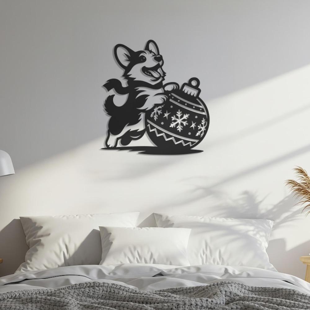 Festive Corgi Metal Wall Art with Ornament Cute Dog Holiday Home Decor Playful Christmas Decoration