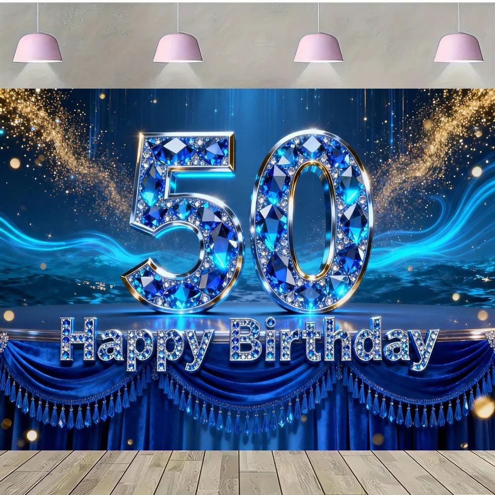 Alles Gute zum 50. Geburtstag mit Fotohintergrund zum Thema Blaue Edelsteine, Geburtstagsparty für Erwachsene, Familienfeier Dekoration Fotohintergrund