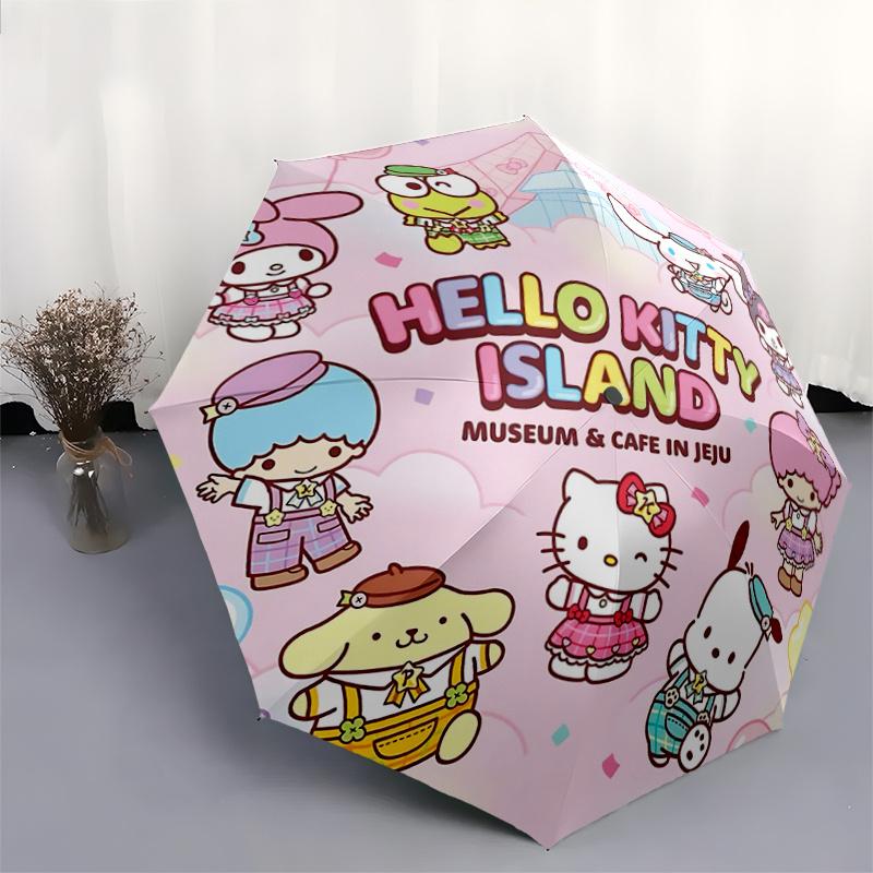 1pc Hello Kitty Island Museum & Cafe in Jeju Automatic Opening Umbrella - Portable Three-Fold Design with 8-Bone Iron Frame, Perfect for Fans, Travele