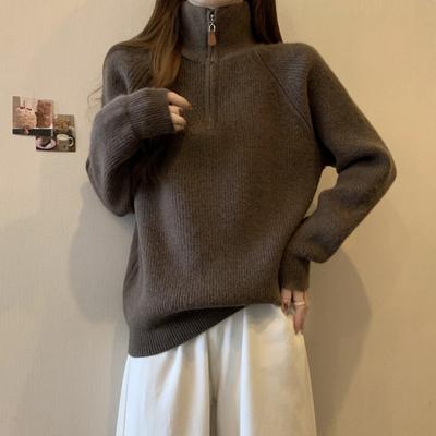 Soft Waxy Semi-zipper Turtleneck Pullover Sweater for Women's Autumn and Winter New Fat Mm Long-sleeved Knitted Sweater for Women
