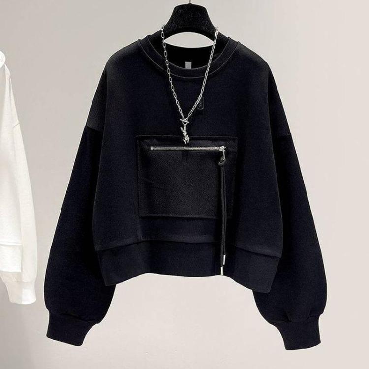 

Женский свободный пуловер с круглым вырезом и длинными рукавами, короткий свитшот с карманом на молнии XXL чёрный