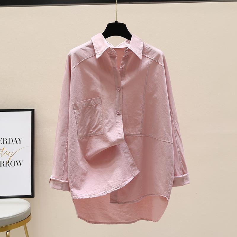 

Women s Clothing Fashion Office Pockets Solid Button Turn-down Collar Asymmetrical Loose Casual Spring Summer Thin Blouses L рожевий
