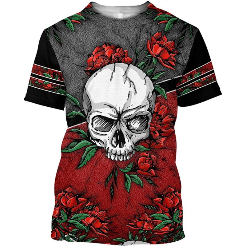 

Футболка размера XXS-6XL Plus, мужская футболка с рисунком черепа и розы в стиле ретро, летняя мода, повседневные футболки с коротким рукавом, топы с 3D-принтом 5XL