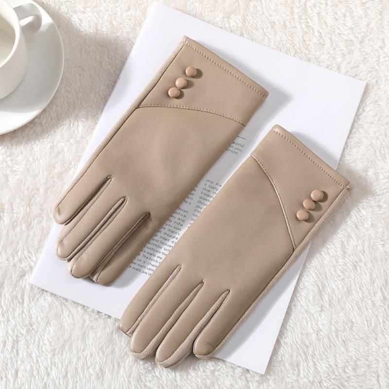 Warm leather gloves women cute velvet winter thickened outdoor riding windproof and cold driving touch screen gloves
