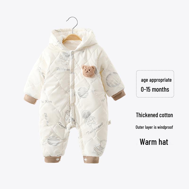 Baby Fleece Lined Hooded Quilted Romper - Autumn/Winter Cotton Jumpsuit for Infants & Toddlers