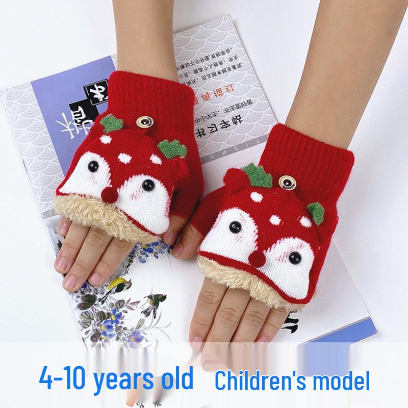 

Children s Winter Cartoon Reindeer Flip-Top Half-Finger Gloves, Ages 4-10, Boys & Girls, Plus Velvet, Thick Cotton, Warm. One Size