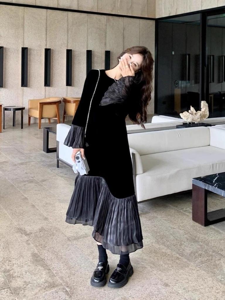 Golden Velvet Dress Women Autumn New Style Round Neck Fitted Waist Slimming Patchwork Mesh Long Sleeve Fishtail Dress