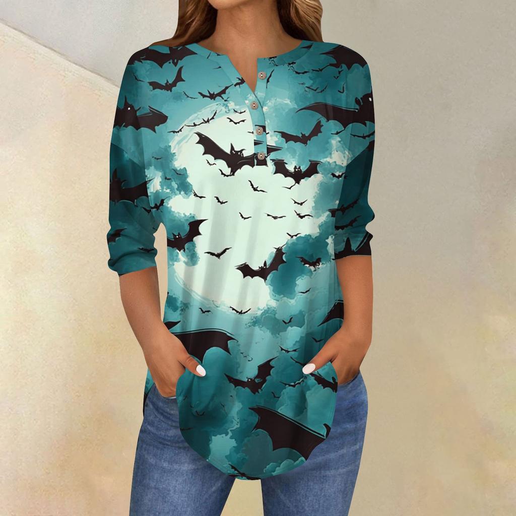 Women's Fashion Loose Button Collar Halloween Print Long Sleeve T-Shirt Top Pullover