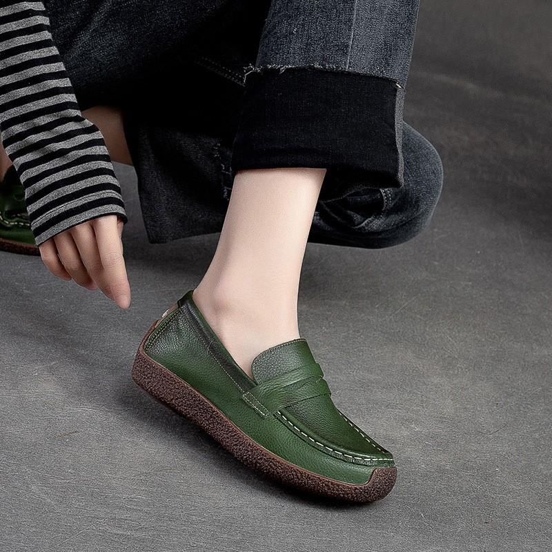 Johnature Retro Women Genuine Leather Flats Shoes Handmade Shallow Soft Sole Casual Round Toe Loafers