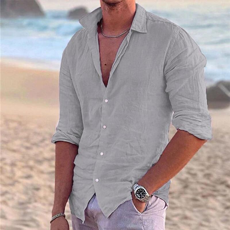 Men's Linen Long Sleeve Shirts Button Up Shirt Casual Summer Loose Fit Turn-down Collar Shirt