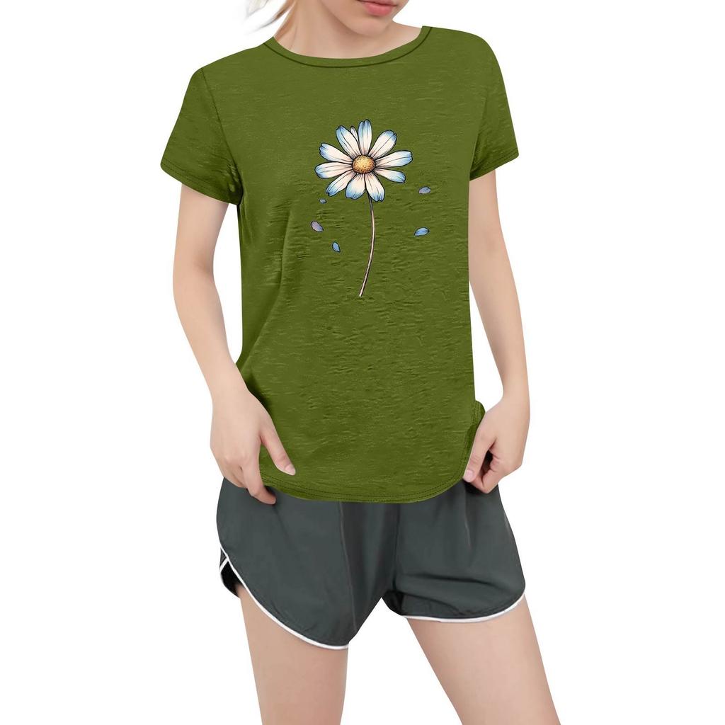 Camiseta feminina casual estampada de manga curta com decote redondo