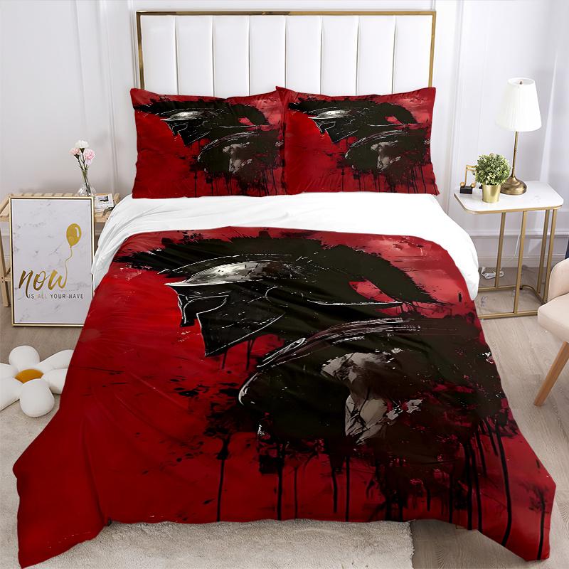 3pcs Spartan Helmet Art Print - Home Decor Gift, Anime Design Bedding Set with One Quilt Cover and Two Pillowcases (No Core), Polyester Fabric for Bed