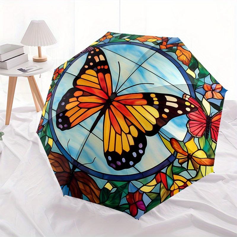 Colorful Butterfly Stained Window PanelUmbrella, Portable 3-Fold Compact Umbrella,Christmas Gift ES535