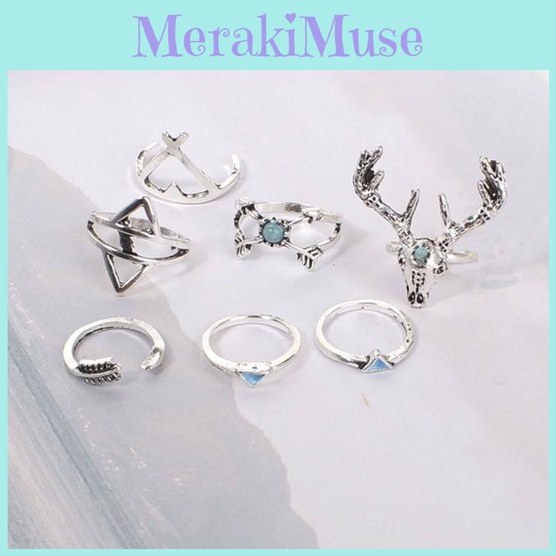 Elegant Bohemian Gypsy Elk Head Triangle Turquoise Arrowhead Alloy Ring Set For Women And Men