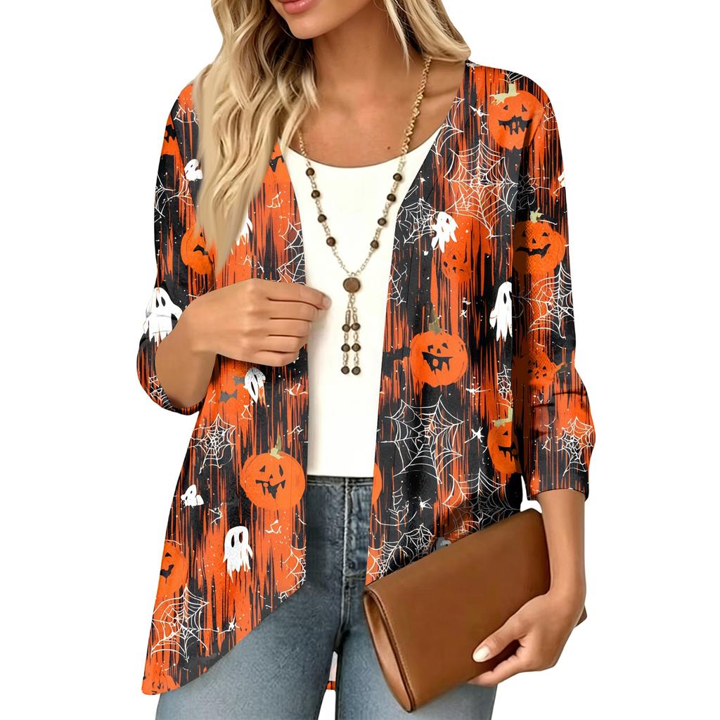 Women's Halloween Print 3/4 Sleeve Lightweight Loose Fit Cardigan for Casual Wear