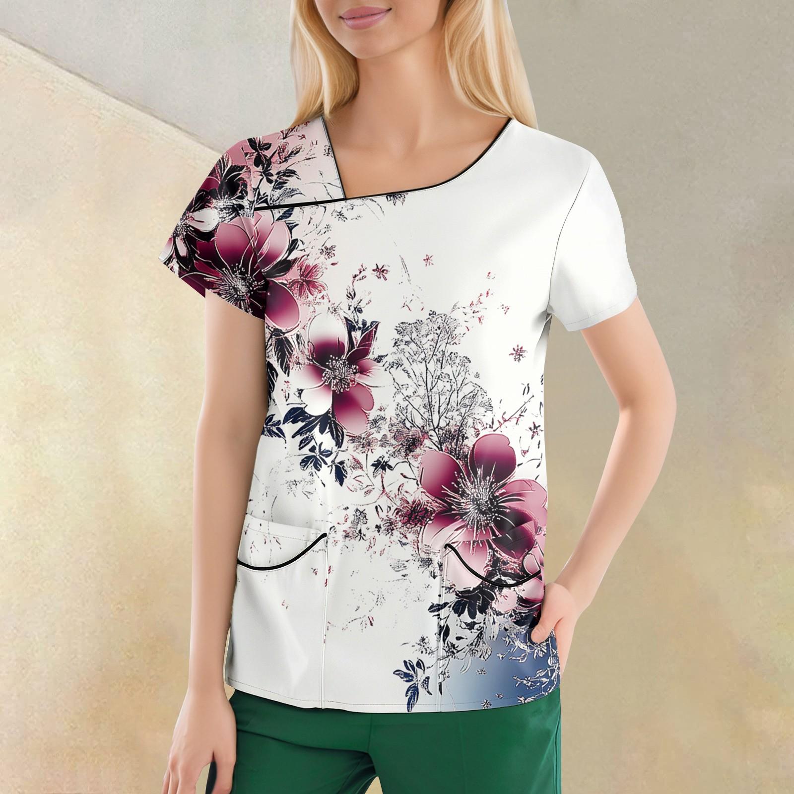 

Женская повседневная рабочая одежда с короткими рукавами и наклонным воротником с принтом и двойными карманами S белый