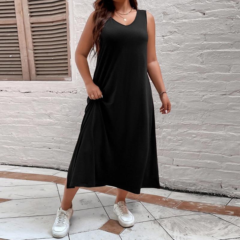 Summer Casual Sleeveless Side Split Dresses for Female Solid Color Dress Women's Square Neck Dress High Waist Black Dress Commuter Fashion Dress