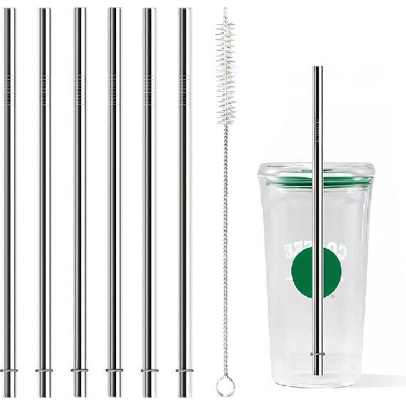 10.5 Inch Stainless Steel Straws Replacement for Starbucks Cold Cup Venti 24 Oz, 6 PCS Straight Reble Metal Straw with Cleaning Brush, 10.5" X 0.31"