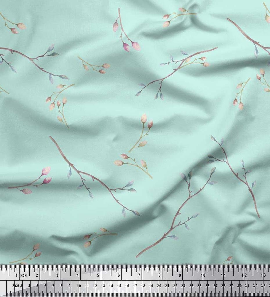 Soimoi Japan Crepe Satin Fabric Leaves & Buds Flower Print Fabric by the metre 42 Inch
