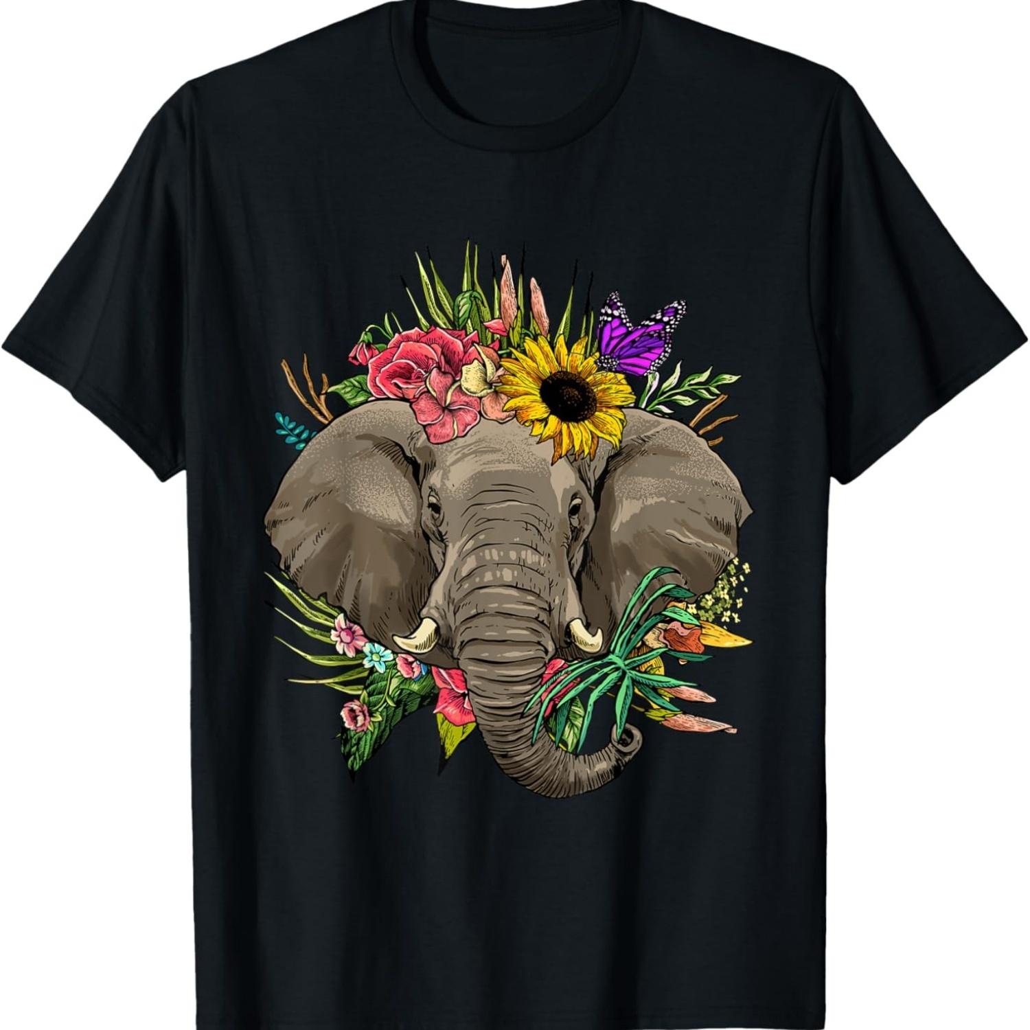 

Wowsome! Elephant Floral Animal Face Elephant Lovers Unisex-Adults T-Shirt S чёрный