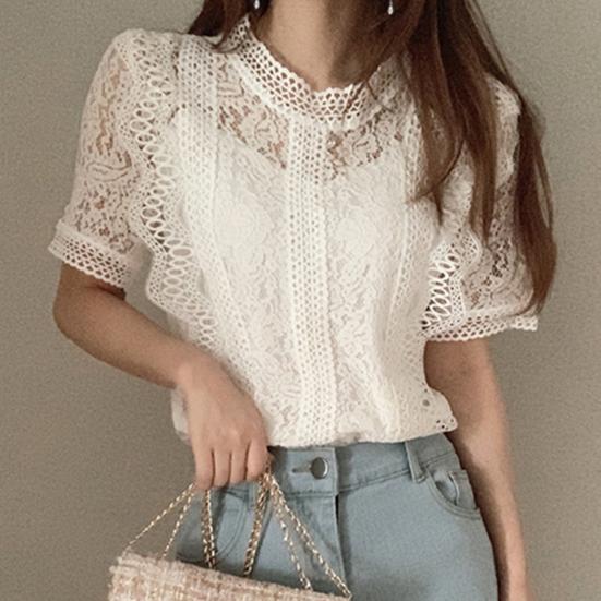 O-neck Short Sleeve Loose Summer Blouse Casual Lace Hollow Out Elegant Shirt Workwear