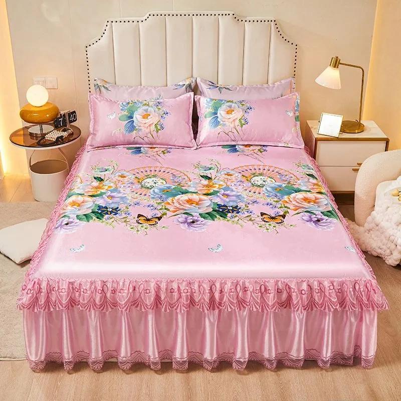 3pcs/set 2024 Summer Lace Bed Skirt Ice Silk Mat Printed Korean Lace Cool Mat Set Retro Single AndDouble Air Conditioned Bed Mat