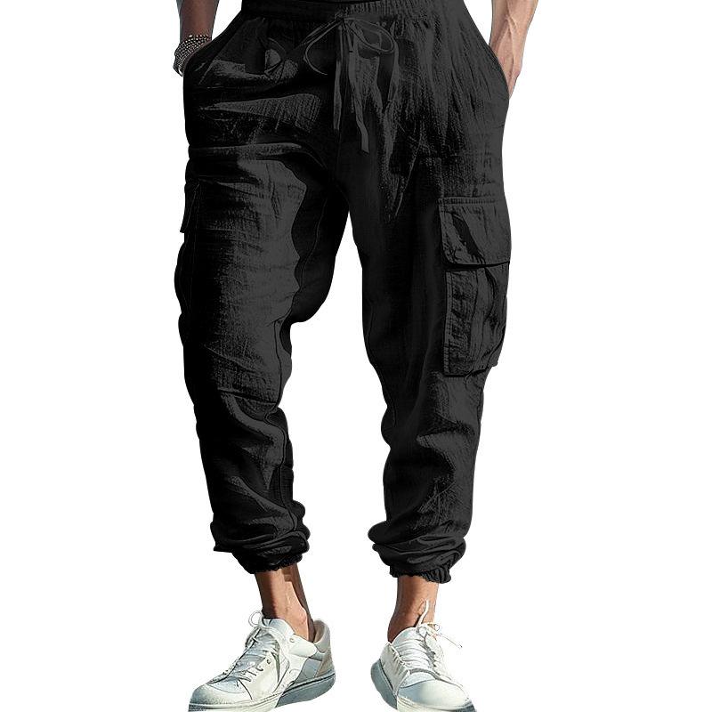 Autumn Cotton and Linen Men's Casual Trousers Tying Feet Multi-pocket Tether Solid Color Loose Work Pants