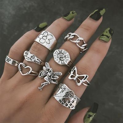Hiphop Vintage Silber Farbe Poker Engel Flügel Finger Ringe für Frauen Punk Herz Schmetterling Boho Knuckle Ring Sets Trend schmuck