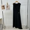 Merino Wool Blend Pleated Slimming Dress with Gold Buttons
