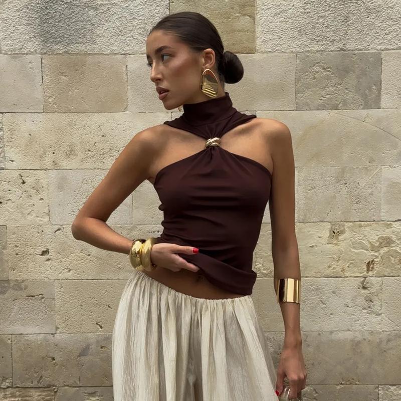 Metal Knot Tank Tops Women 2026 Summer Turtleneck Tank Tops Basic Streetwear Skinny Casual Vest Tops Tee Sexy Sleeveless Tops