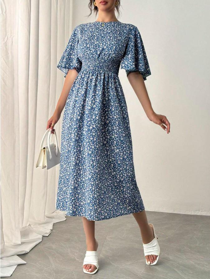 2025 European & American Floral Print Round Neck Mid-Sleeve High Waist Pleated Summer Dress Small