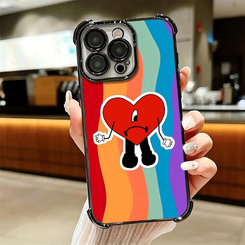 Bad Bunny Heart Plating Phone Case For Iphone 16 17 Pro Max Air 16E 14 15 Plus 12 13 Mini Anti-Fall Airabag Cover