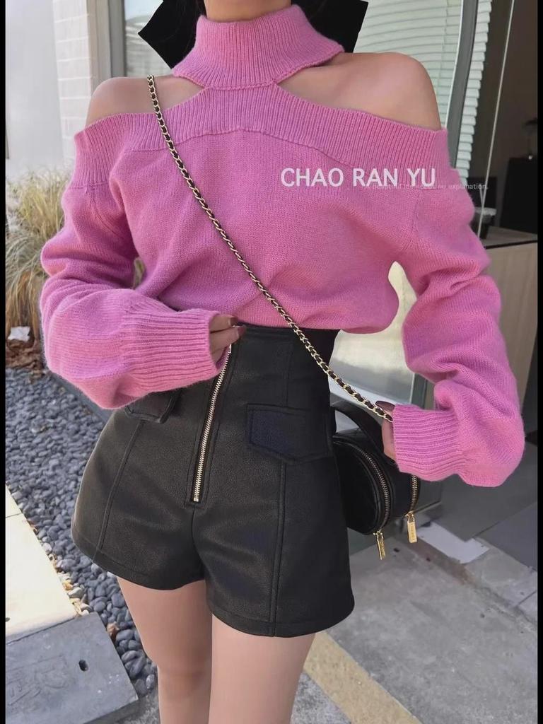 Women's High-Waist PU Leather Shorts, Autumn/Winter, Slim A-Line Wide-Leg Pants, Korean Style with Zipper.