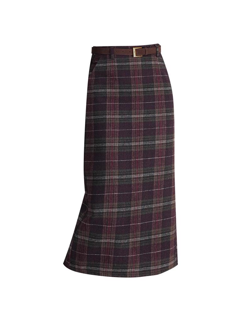 Plaid Wool Blend Split Pencil Skirt - 2025 Winter Mid-Length Vintage Style