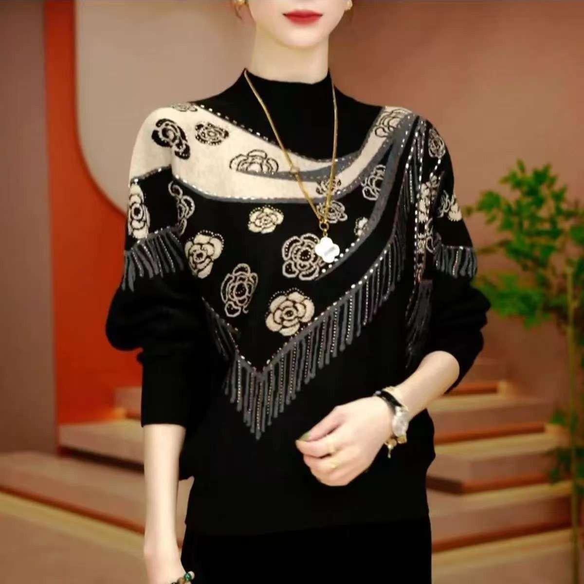

2026 Spring Women s Sweater: Elegant Age-Reducing Knitwear for Middle-Aged and Elderly, Loose Fit Stylish Top for Moms L (suggested for 120-135 jin) чорний