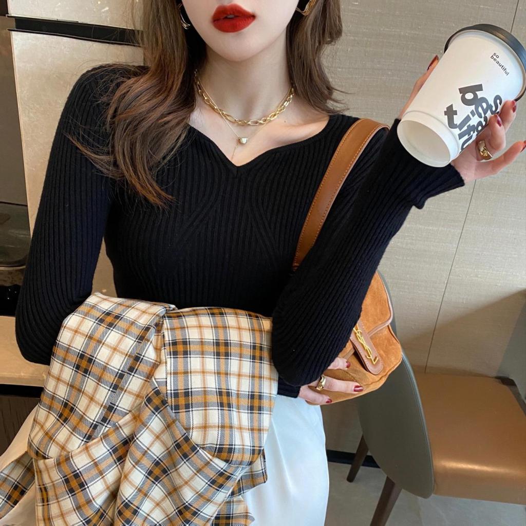 Women Slim V Neck Bottoming Sweater Autumn Winter Women Casual Pullovers Long Sleeve Knit Warm Office Sweater