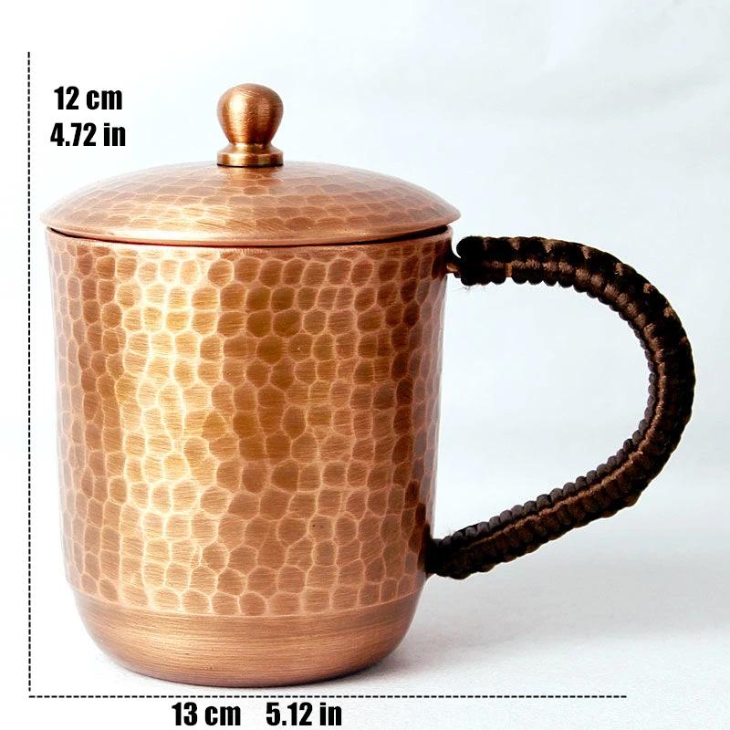 Handcrafted Pure Copper Beer Coffee Mug With lid Retro Hammer Weave Handle Thickened Hammer 350 ml Breakfast Cup Drinkware