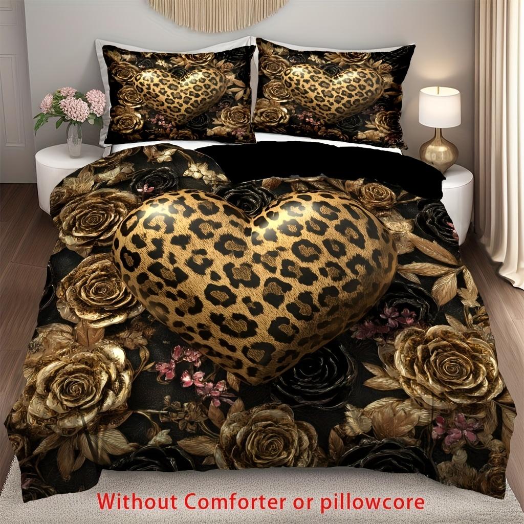 

2/3Pcs Leopard Print Love Rose Flower Duvet Cover Set, (1 Duvet Cover + 1/2 Pillowcase, Without Core) Luxury Retro Romantic Duvet Cover Set&AU Single(140x210cm)