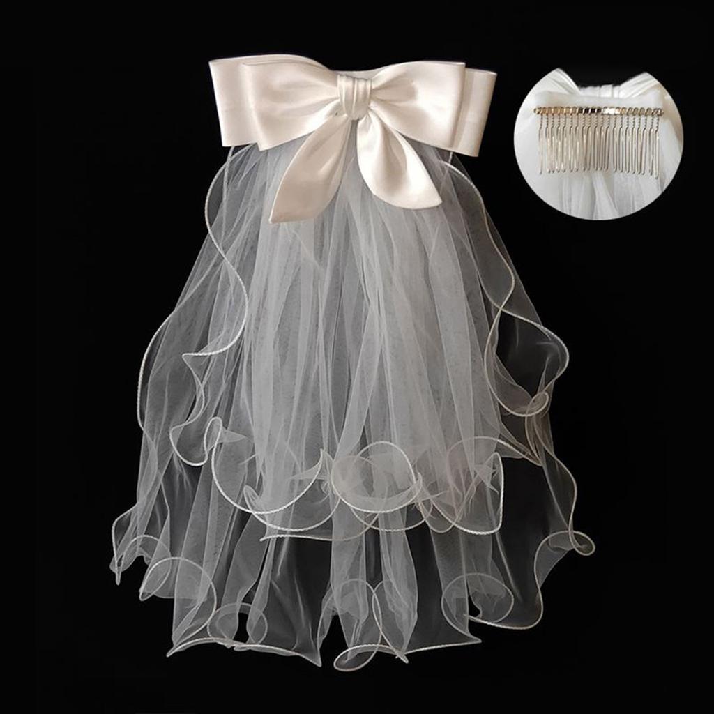 Voile de mariée en dentelle pour femme, voile de mariage en tulle superposé avec perles/nœud papillon pour fête de mariage
