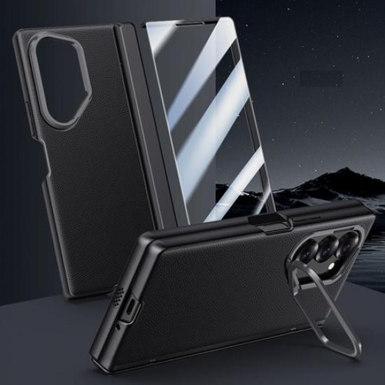 For Samsung Galaxy Z Fold 6 Leather Hinge Case with Kickstand Screen Protector