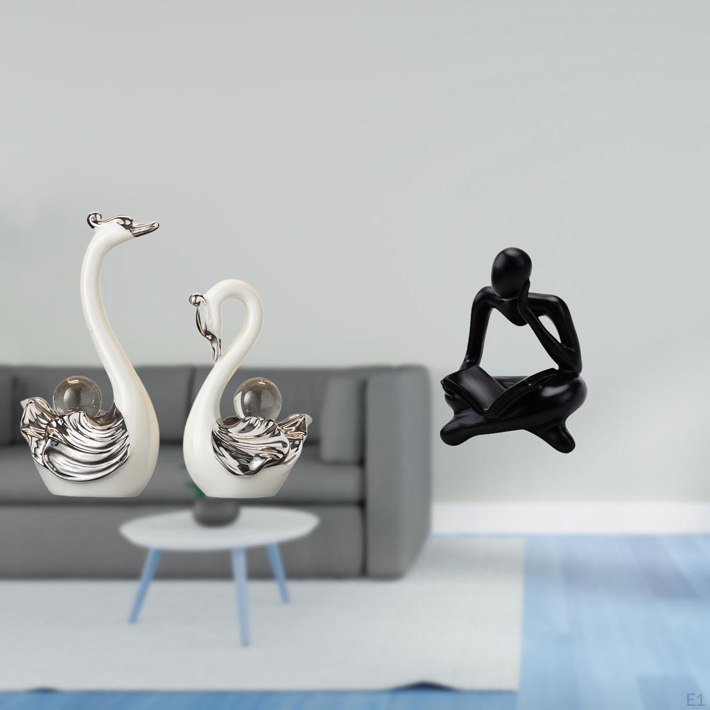 Porcelain Swan Figurine Collection And Abstract Thinker Statue Ornament for Living Room Bedroom